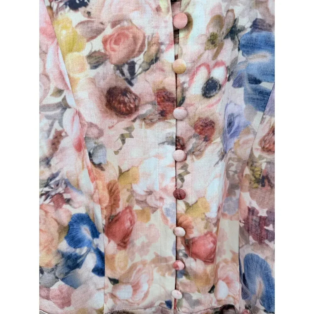 Commense Balloon Sleeve Floral Belted Midi Dress Mock Neck Pink Size Small NWT - Picture 4 of 9